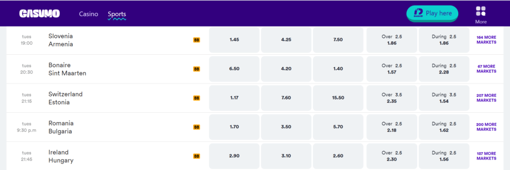 casumo betting odds